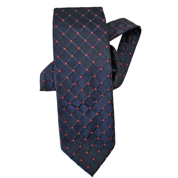 70s Wemlon by Wembley Tie Danbury Grid Red on Navy Washable Poly Mens 4"W x 28L - Picture 4 of 5